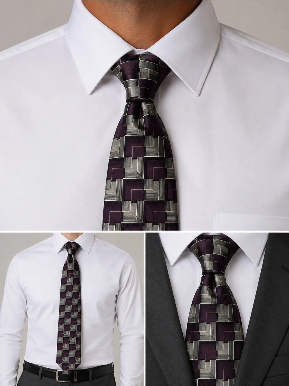 Men’s 100% Silk Hand Sewn Geometric Necktie Purple Gray Classic 3.25” Via Europa